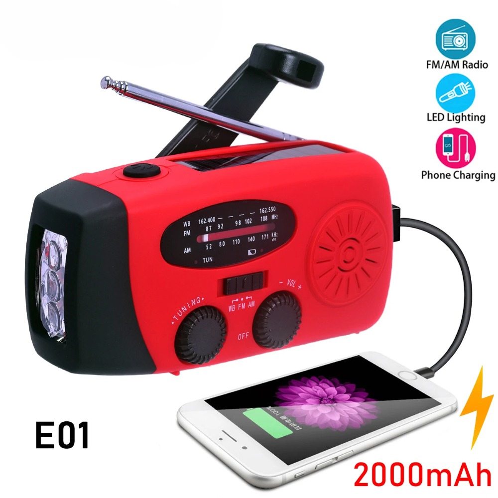 Emergency Radio Solar - E01 緊急用手回しソーラーラジオ 2000mAh パワーバンク FM AM