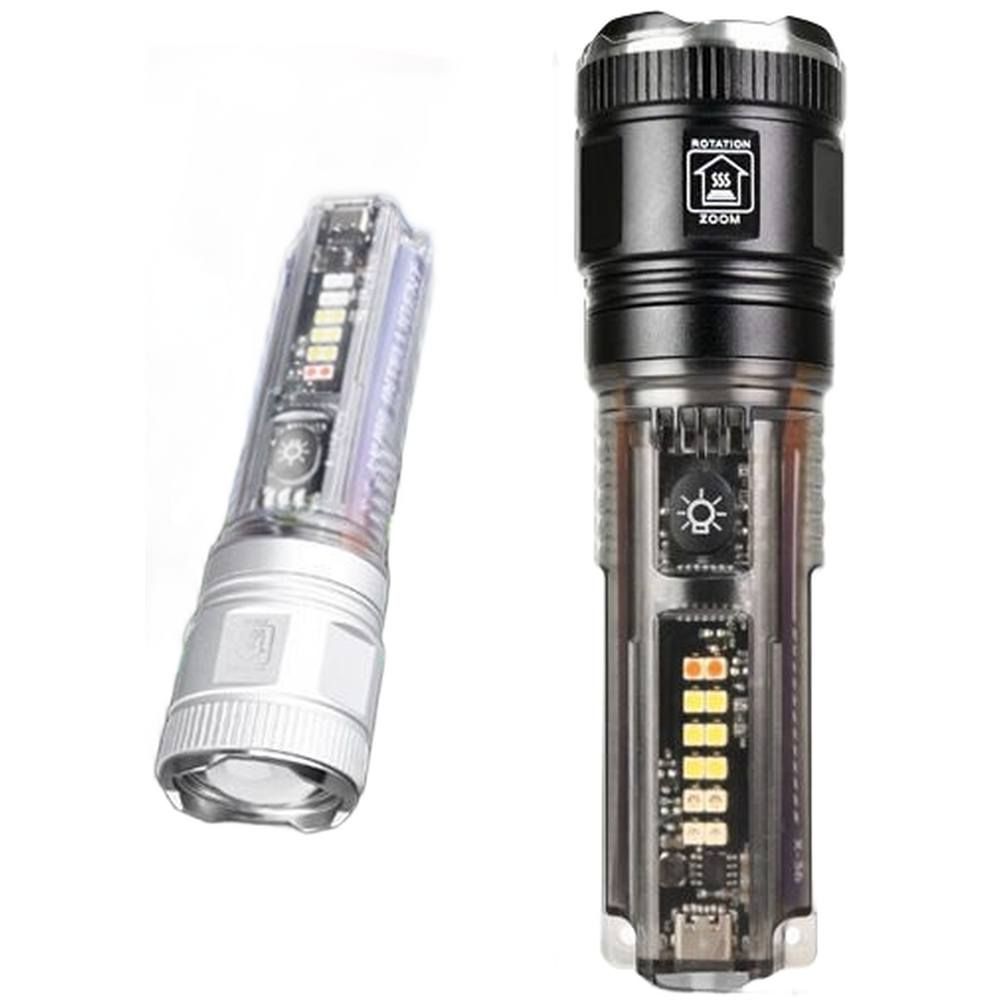 Outdoor Adventure Inc - 強力な20W充電式懐中電灯、ソーラーパネルとType-C充電対応、アウトドアアドベンチャー用、白赤青ライト
