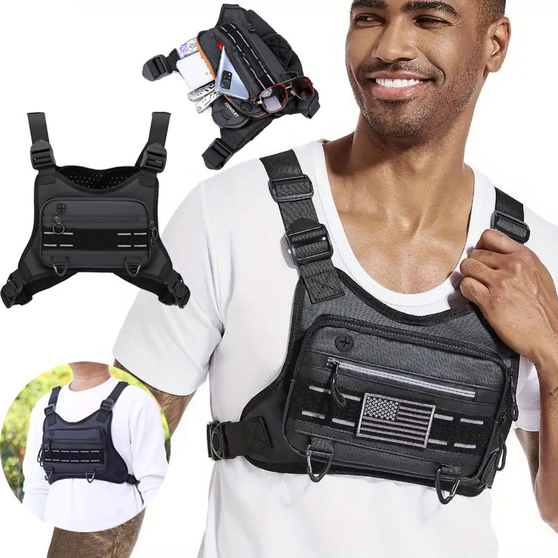 Outdoor Adventure Vest - メンズアウトドアチェストバッグ フロントリグポーチ ランニングベスト スマホホルダー タクティカルスポーツパック ハイキング
