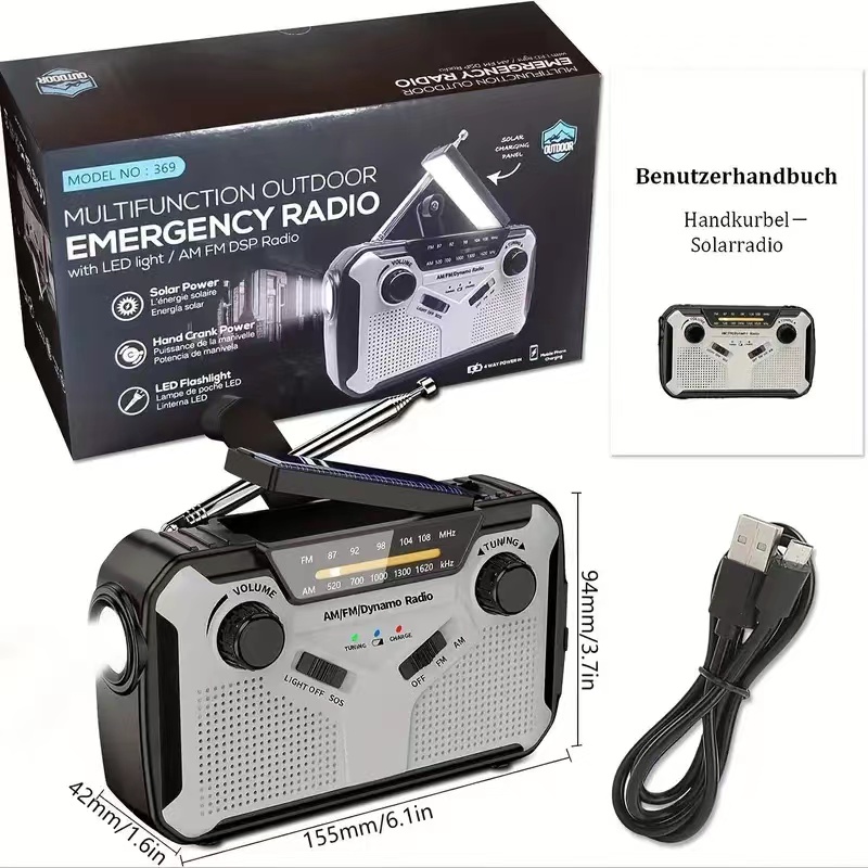 Emergency Radio Solar - ソーラーラジオ、AM/FMポータブルクランクラジオダイナモ緊急ラジオ、4000 mAh充電式バッテリー付き、LEDトーチ、キャンプ用SOSアラーム